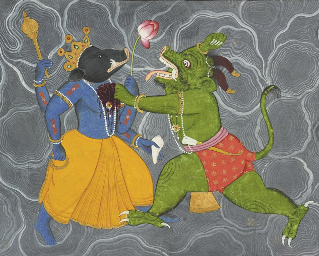 Varaha battles the Hiranyaksha, Scene from the Bhagavata Purana by Manaku of Guler (c. 1740)